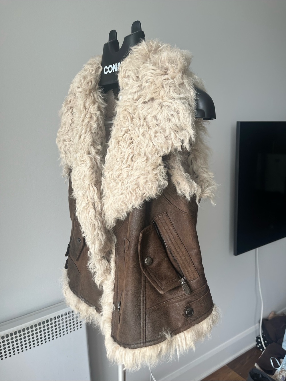 Anne Klein Brown Vest with Cream Faux-Shearling Collar